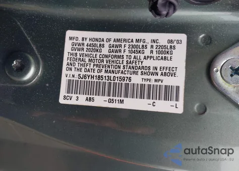 2003 Honda Element Ex z USA, uszkodzony, nr VIN 5J6YH18513L015976
